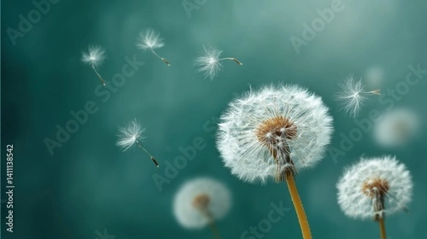 Fototapeta Dandelion seeds blowing in the wind nature close-up photography tranquil background macro view serenity and change
