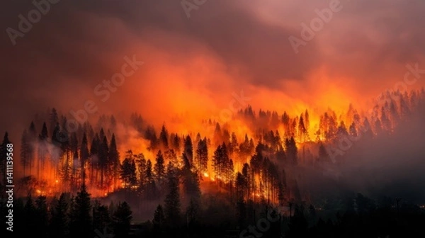Fototapeta Forest fire raging in national park dramatic scene nature dusk destructive impact on ecosystem