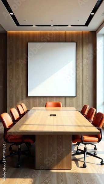 Fototapeta Empty conference table with a large, blank poster on the wall, space, silence, background