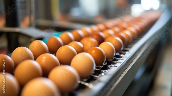Fototapeta Eggs on a Conveyor Belt in a Factory