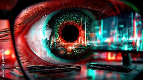 Obraz Close-up of a person's eye captured in a stunning 3d anaglyph image showcasing intricate details and depth