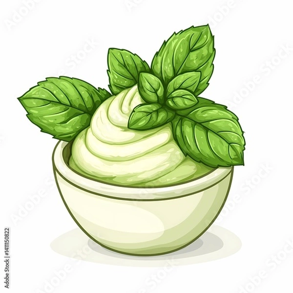 Obraz Mint Leafy Cream: Vibrant Green Herb Culinary Illustration in a Bowl for Sweet Desserts & Smoothies