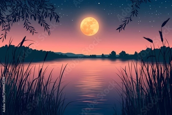 Fototapeta Moonlit Nightscape: Tranquil River Reflection Digital Art with Starry Sky and Vibrant Blooms