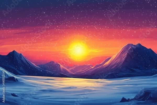 Fototapeta Scenic Sunrise Over Snow-Capped Mountains Reflection: Stunning Digital Art of Winter Wonderland in Twilight Tranquility