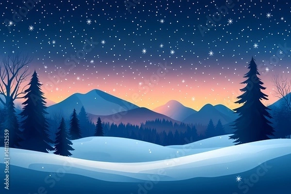Fototapeta Winter Wonderland: Serenity in a Snowy Mountain Range Under a Starry Night Sky - Digital Art Illustration