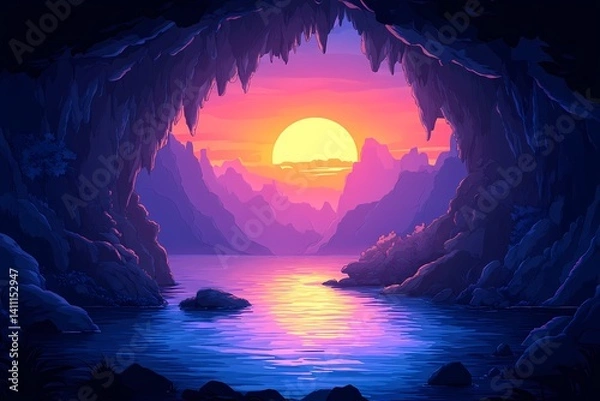 Fototapeta Sunset Over Tranquil Cave River: Vibrant Colored Scenic Landscape with Illuminated Rock Formations and Serene Reflection