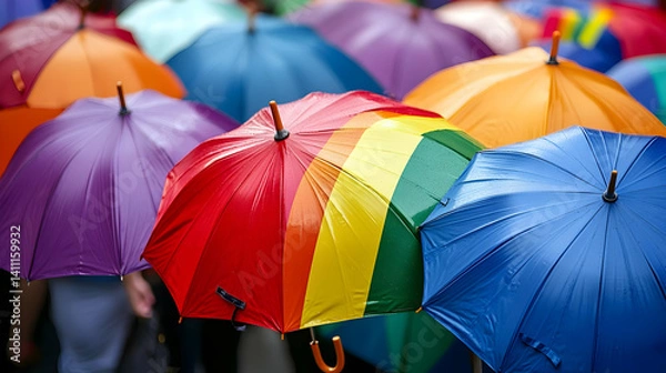 Fototapeta Colorful Umbrellas In A Rainy Demonstration