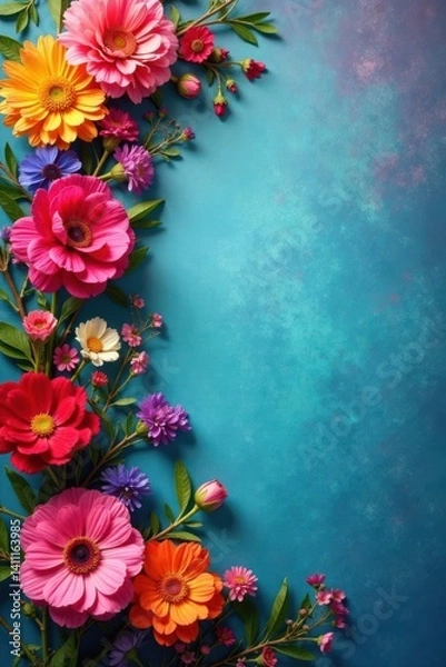 Fototapeta Vibrant floral arrangement on a multicolored background, flowers on table,