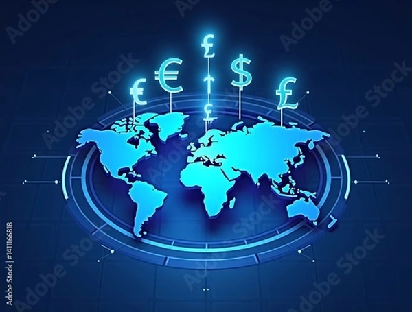 Fototapeta Futuristic 3D world map with glowing currency symbols (€ ¥ $ £) emerging from a digital interface, representing global finance, technology, and economic integration.