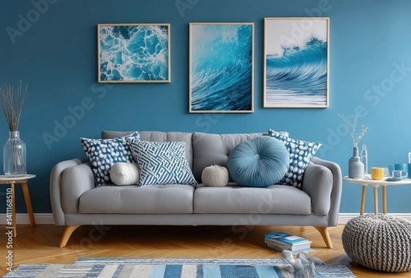 Fototapeta A blue living room wall with three white-framed art prints on it, a navy sofa and wooden coffee table