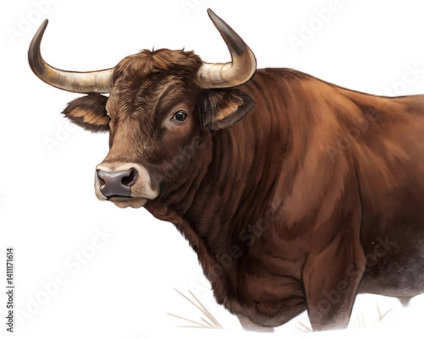 Fototapeta A brown bull with horns is staring at the camera. The image has a strong, bold feel to it, with the bull's large size and prominent horns drawing attention. The bull's gaze seems to be focused