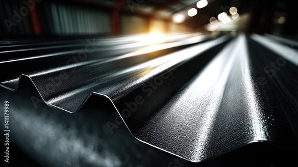 Fototapeta shiny galvanized corrugated steel sheet roofing cladding metal plate closeup texture background ai generative,photo image
