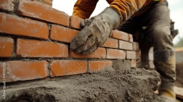 Fototapeta Construction worker laying bricks for a building wall. Featuring craftsmanship and precision