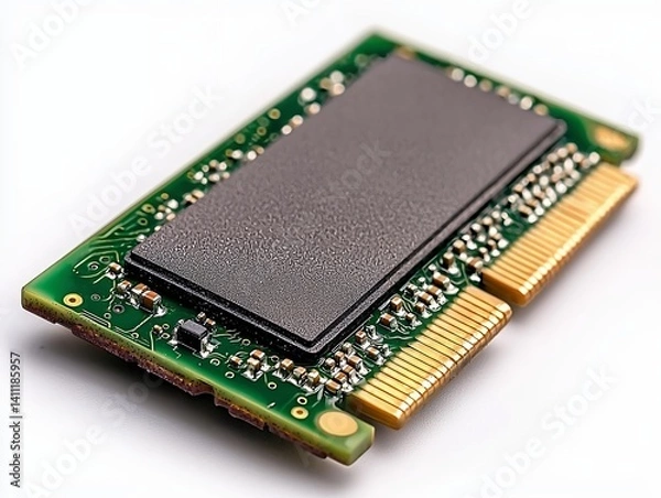 Fototapeta Detailed Solid State Drive Close Up on White Backdrop Featuring Green Circuit Board