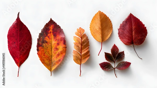 Fototapeta A colorful collection of autumn leaves, displaying vibrant reds, oranges, and yellows, isolated on a white background.