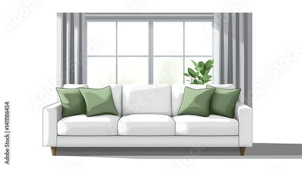 Fototapeta Modern White Sofa with Green Velvet Pillows, A modern white sofa with green velvet pillows against a plain background