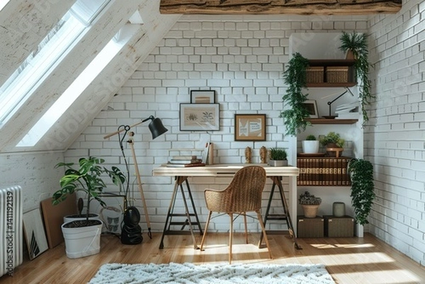 Obraz Attic Workspace: A cozy home office setup with natural light and calming decor