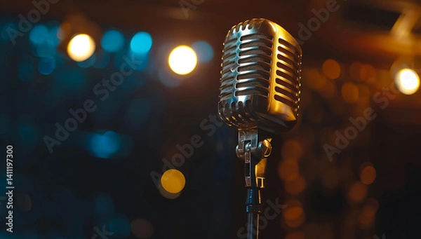 Fototapeta Golden microphone on a dark background with copy space, a golden vintage retro mic for a stand-up comedy or podcasting studio banner design.
