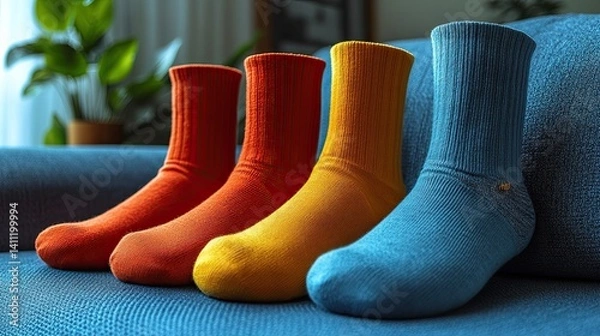 Obraz Three pairs of colorful socks in orange, yellow and blue on a blue couch.