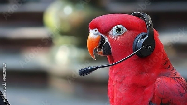 Obraz Red Parrot Wearing Headset: A Hilarious Customer Service Agent