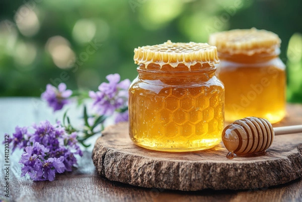 Fototapeta jars of honey and a wooden spoon with honey.