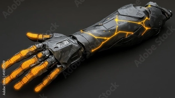 Fototapeta Futuristic robotic arm with glowing circuitry.