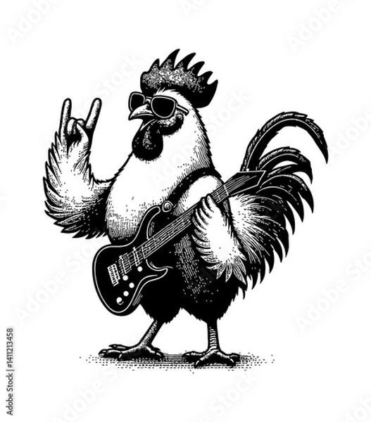 Obraz Whimsical Chicken Rockstar Cartoon Character with Guitar on Stage Illustration