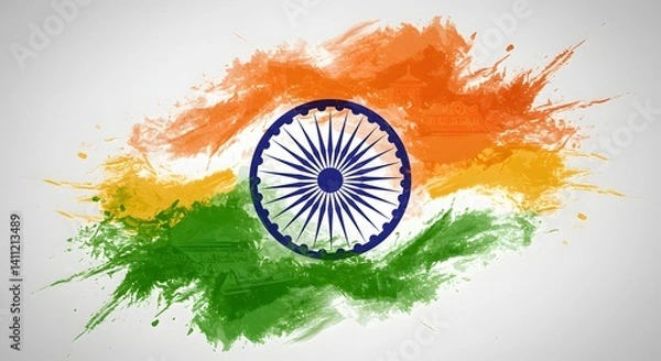 Fototapeta Vibrant celebration of Indian culture with watercolor splashes in saffron, white, and green showcasing the national flag and Ashoka Chakra emblem against a light background Generative AI