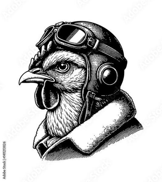 Obraz Funny Chicken Head Wearing Pilot Hat and Goggles Flying Plane with Happy Expression Illustration