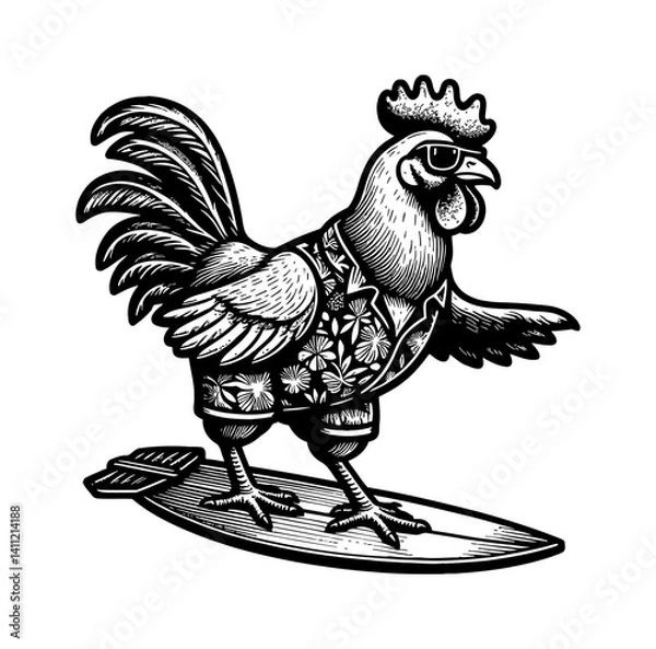 Obraz Chicken surfing with style in beachwear on sunny day, summer vibe and fun activity.