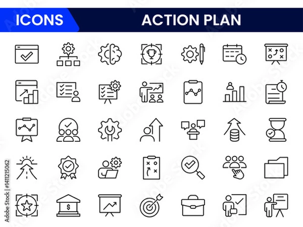 Fototapeta Action plan icon set. Containing planning, schedule, strategy, analysis, tasks, goal, collaboration, and objective icons. Vector illustration collection.
