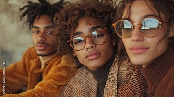 Obraz Three young adults wearing stylish glasses look directly at the camera.