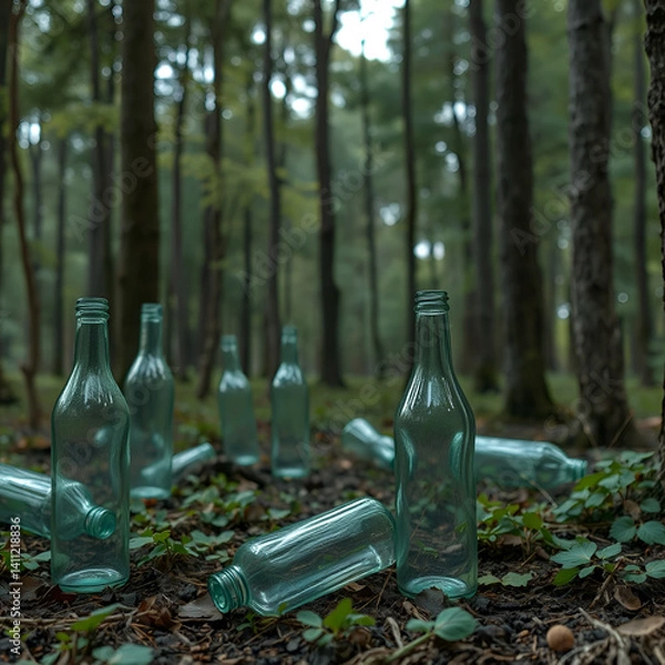 Obraz There are some empty glass bottles in the forest, some broken, pollution, AI generated, AI generated
