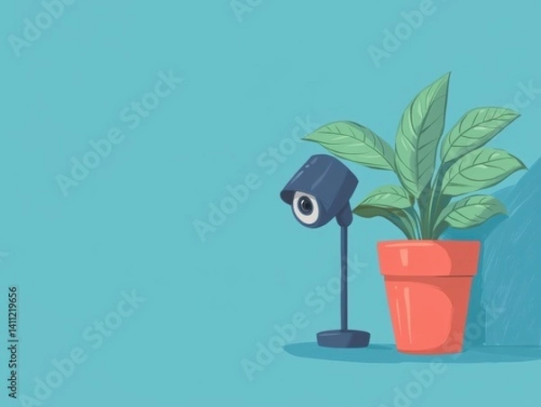 Fototapeta A colorful illustration of a potted plant beside a camera, set against a bright turquoise background, creating a lively and modern atmosphere.