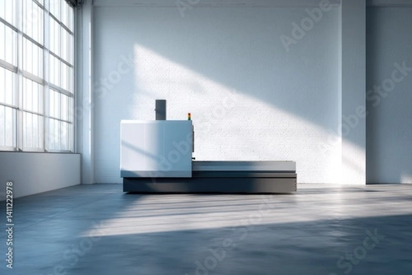 Obraz solitary modern factory machine sits idle in vast clean warehouse casting long shadows on sleek concrete floor