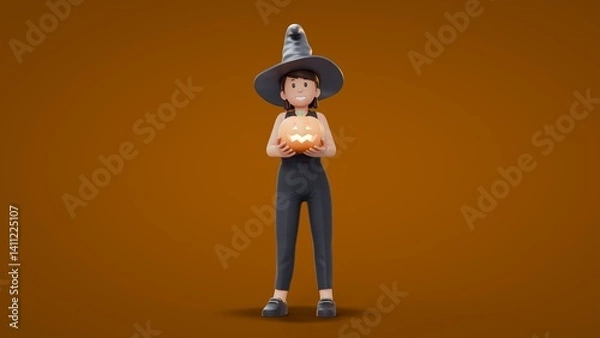 Fototapeta 3D Cartoon Witch holding pumpkins with both hand while smiling Halloween Celebration