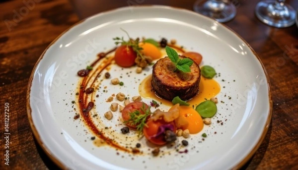 Fototapeta A luxurious gourmet meal was presented on a sleek, modern plate, with each component of the dish carefully placed to highlight its individual characteristics
