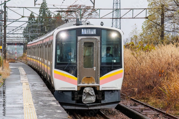 Fototapeta JR上越線のローカル電車が入ってきた。
JR五日町駅。
寂れた雰囲気が良い感じ。
新潟県魚沼市 - 2024年11月30日
