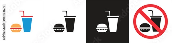Fototapeta Set of burger and soda icons in various styles including colored, black, white, and prohibited symbol design, ideal for food-related signs and graphics.