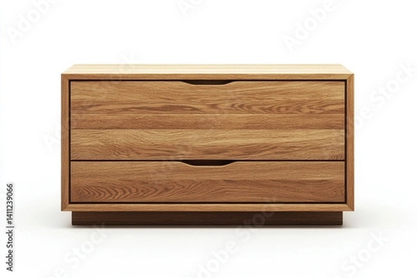 Fototapeta Wooden nightstand with drawers. Books, lamp, and a glass of water on top. Cozy bedroom setting with soft lighting and a plant in the background.