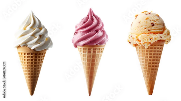 Fototapeta Three unique ice cream cones with flavors, PNG, created with Generative AI
