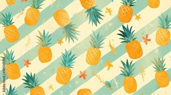 Fototapeta Colorful Pineapple Pattern with Striped Background and Floral Elements