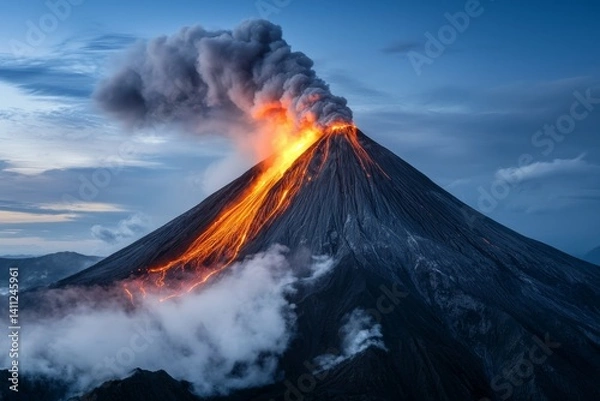 Fototapeta A volcano with a large fire spewing out of it