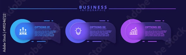 Fototapeta Infographic label design template featuring icons and three distinct steps. Ideal for process charts, presentation slides, workflow schemes, banners, flow diagrams, and data visualizations.