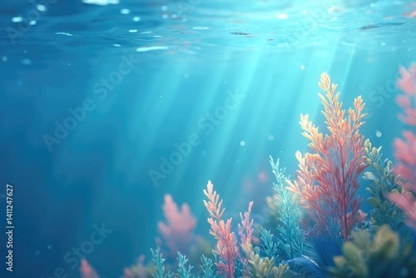 Fototapeta serene underwater 3d illustration of marine life with open blue water background and sunlight streaming down