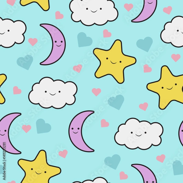 Fototapeta Kawaii Celestial Sky Pattern – Stars, Clouds & Moons
