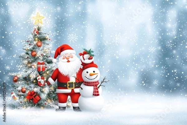 Fototapeta Santa Claus and Snowman with Christmas Tree in Snowy Winter Scene
