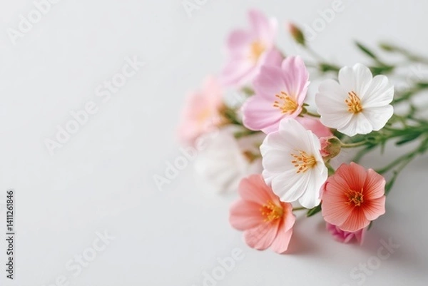 Fototapeta delicate composition of mixed flowers lying on white background with ample copy space