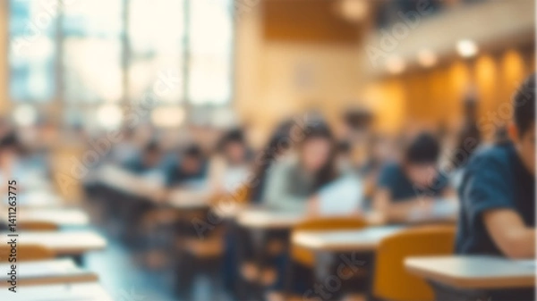 Obraz Blurred abstract background of university students in uniform attending examination in a classroom.Blur side view of college people having exams in class room on seat rows. Ai Generated Images