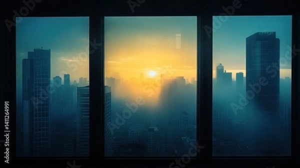Fototapeta Sunrise over foggy cityscape viewed from a window.